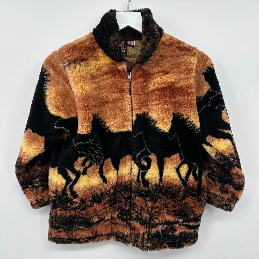 Vintage Mazmania Jacket Coat Kids Youth Size 7/8 Medium Deep Pile Fleece Horses‎